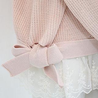 Round-neck Beribboned Rib-knit Sweater