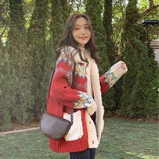 Fleece-trim Jacquard Cardigan