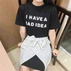 Set: Short-sleeve Lettering Long T-shirt + Striped Lace-up Skirt