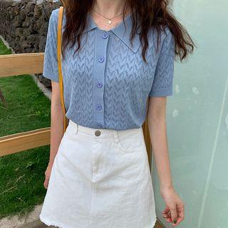 Pointelle Short-sleeve Polo Knit Top