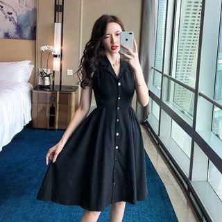 Buttoned V-neck Sleeveless A-line Dress