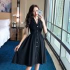 Buttoned V-neck Sleeveless A-line Dress