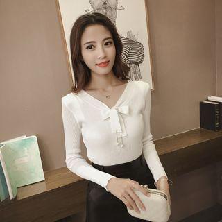 Plain Bow Detail V-neck Long-sleeve Knitted Top