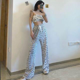 Set: Leopard Print Tube Top + Wide-leg Pants
