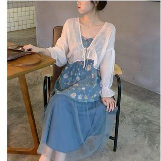 Frill Trim Light Jacket / Spaghetti Strap Floral Mesh Paneled A-line Midi Dress