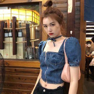 Puff-sleeve Tie Neck Zipped Denim Cropped Top