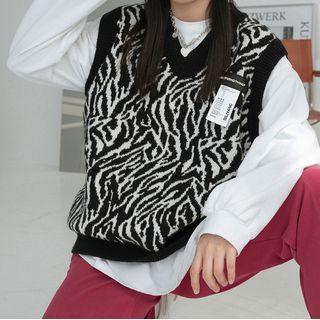 Zebra Pattern V-neck Knit Vest Black - One Size