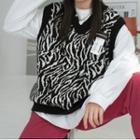 Zebra Pattern V-neck Knit Vest Black - One Size