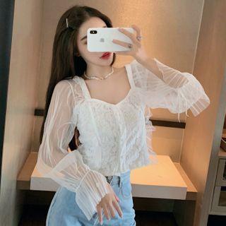 Lace Button-up Blouse White - One Size