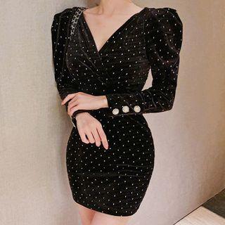 Balloon-sleeve Dotted Velvet Mini Sheath Dress