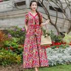 Short-sleeve Floral Tie-waist A-line Dress