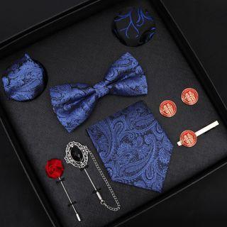 Set Of 8: Wedding Bow Tie + Neck Tie + Pocket Square + Lapel Pin + Cufflinks + Tie Clip