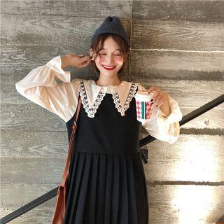 Lace Trim Blouse / Plain Midi Pinafore Dress