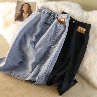 High-waist Frayed Side-slit Denim Skirt