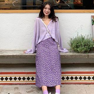 V-neck Knit Cardigan / Floral Midi Dress
