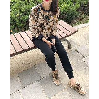 Scarf Print Chiffon Blouson Top Beige - One Size