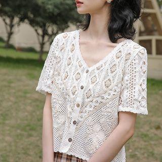 Elbow-sleeve V-neck Pointelle Top White - One Size