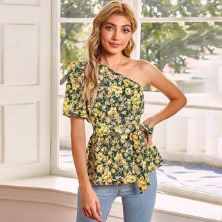 Floral Off-shoulder Short-sleeve Tie-waist Top