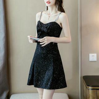 Sequined Strap Bow Accent A-line Mini Dress