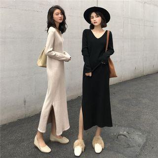 V-neck Side Slit Midi Long-sleeve Knit Dress