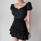 Puff-sleeve Single Breasted Cropped Blouse / Plain Ruffled-hem Mini Skirt / Set