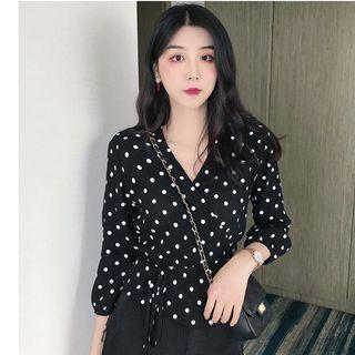Dotted Tie-waist Wrap Blouse