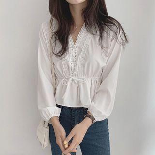 Long-sleeve Drawstring V-neck Peplum Blouse