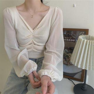 Bishop-sleeve V-neck Chiffon Blouse