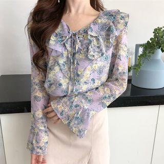 Floral Print Blouse Floral - Light Grayish Blue - One Size