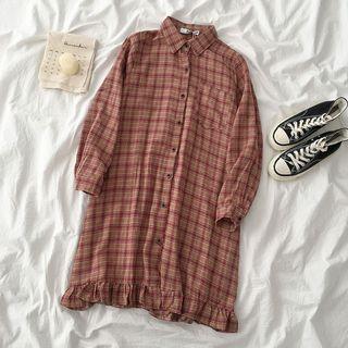Plaid Ruffle Hem Mini Shirtdress Red - One Size