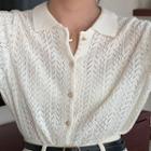 Short-sleeve Collared Button-up Knit Top Off-white - One Size