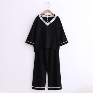 Set: V-neck Contrast-trim Knit Top + Wide-leg Pants