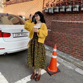 Turtleneck Plain Top / Floral Sleeveless Dress / Plain Knit Cardigan