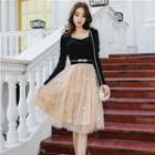 Long-sleeve Velvet Panel Midi A-line Mesh Dress