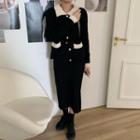 Collared Rib Knit Cardigan / Midi Straight-fit Skirt