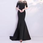 Two-tone Lace Panel Short-sleeve Mermaid Evening Gown