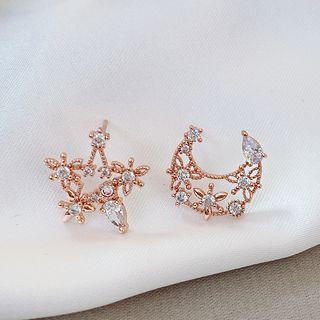 Non-matching Rhinestone Star & Crescent Stud Earring 1 Pair - One Size