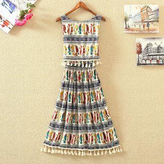 Set: Tasseled Hem Patterned Tank Top + Midi Skirt