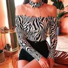 Long-sleeve Cold-shoulder Zebra Print Crop Top