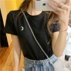 Moon Embroidered Short-sleeve T-shirt / Mesh Turtle-neck Long-sleeve Top