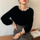 Long-sleeve Lace Trim Velvet Top Black - One Size