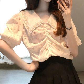 Faux-pearl Collar Ruched Short-sleeve Blouse Almond - One Size