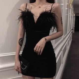 Furry Spaghetti-strap Mini Sheath Dress