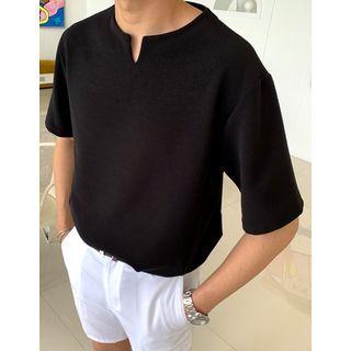Slit-neck Plain T-shirt
