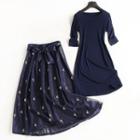 Set: Short-sleeve Knit Top + Crown Embroidered Midi A-line Mesh Skirt