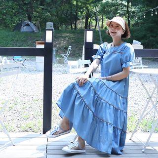 Puff-sleeve Tiered-hem Denim Dress Blue - One Size