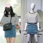Short-sleeve Striped T-shirt / Denim Skirt