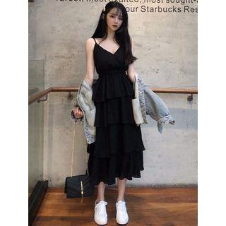 V-neck Plain Sleeveless Layered Dress
