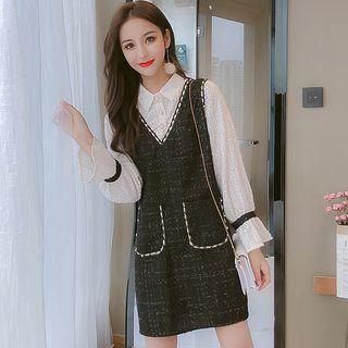 Mock Two-piece Bell-sleeve A-line Mini Tweed Dress