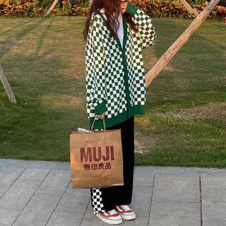 Checkerboard Pattern V-neck Cardigan